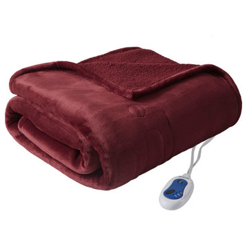 Beautyrest Microlight And Berber Solid Heated Throw, Red