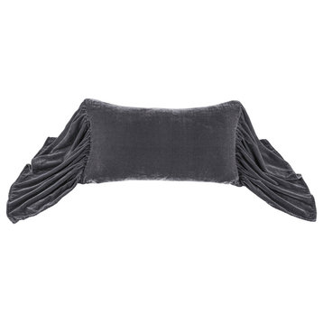 Stella Faux Silk Velvet Long Ruffled Pillow, 14"x26", Dark Slate, 1 Piece