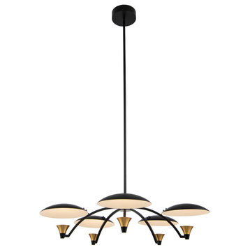 Redding 5 Light LED Chandelier in Matte Black w White and Brass Accent