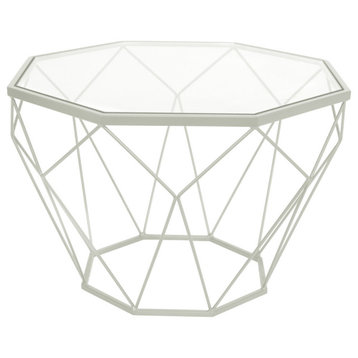 LeisureMod Malibu Modern Geometric Glass Top Coffee Table, White