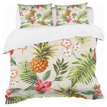 Vintage Pineapple With Tropical Flowers Floral Duvet Cover, Twin