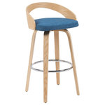 Armen Living - Sonia Swivel Bar Height Stool With Blue and Patterned Oak - Add a touch of mid-century modern magic to your home with the Sonia Swivel Stool Collection ' a seamless blend of style, support, and smart functionality. Designed with comfort and versatility in mind, Sonia features a smooth 360-degree swivel that allows for easy conversation and effortless movement. Whether you're enjoying breakfast at the kitchen island or hosting guests at the bar, the Sonia makes every seat the best in the house. The curved low backrest is engineered for ergonomic support, with an open-back design that promotes breathability and modern visual appeal. The seat is generously padded with high-density foam and upholstered in a variety of elegant options ' including soft black velvet, textured blue performance fabric, or rich faux leather in neutral tones. Each variant is crafted for long-lasting comfort with easy-care convenience. Sonia's layered wood frame is available in multiple premium finishes ' choose from warm walnut, contemporary patterned oak, or sleek black wood finish ' offering timeless character to match a variety of decor themes. The sleek chrome footrest not only enhances the stool's silhouette but also provides practical support and style. Available in both counter height (26") and bar height (30"), the Sonia Swivel Stool fits effortlessly into a wide range of interiors, from retro-inspired kitchens to modern, minimalist bars. It's the perfect mix of comfort, design, and everyday function.