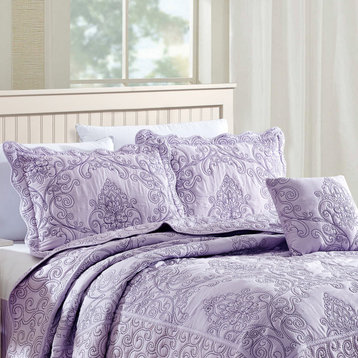 Damask Embroidered Quilted 4 Piece Bed Spread Sets, Lavender, King