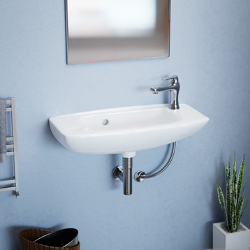 White Rectangular Wall Mount Bathroom Vessel Sink With Overflow and Faucet Holes