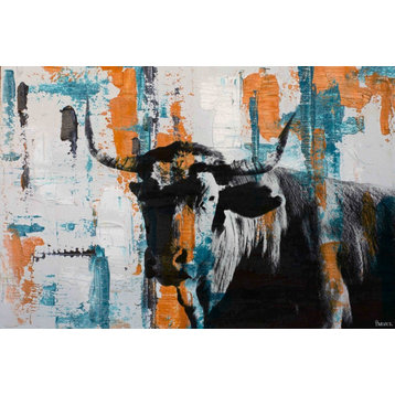 "Orange Teal Steer" Painting Print on Wrapped Canvas, 18"x12"