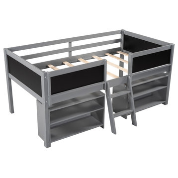 Gewnee Twin Size Low Loft Bed with Two Movable Shelves and Ladder in Gray