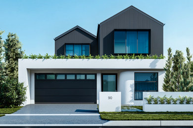 Photo of a mid-sized contemporary two-storey black house exterior in Brisbane with mixed siding, a gable roof, a mixed roof and a black roof.