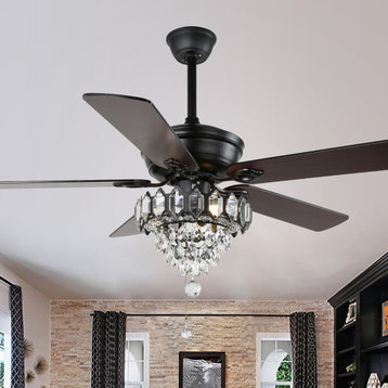 52" Modern Crystal Ceiling Fan with 5 Reversible Blades, Remote Control, Black
