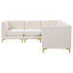 Meridian Furniture - Alina Velvet Modular L-Shaped Modular Sectional, Cream, 5-Piece: 2 Armless Chair, 3 Corner Chair - Bring modern beauty to your space with the addition of this Alina Velvet Modular sectional. This beautiful sectional features deep channel tufting to ramp up its visual interest and add to its resilient demeanor. Its soft cream velvet upholstery blends nicely with existing elements in your room and is sleek to the touch, making this seat a super comfortable one. Part of the modular Alina collection, this sectional has a latch that attaches it to other pieces to create your custom seating arrangement.