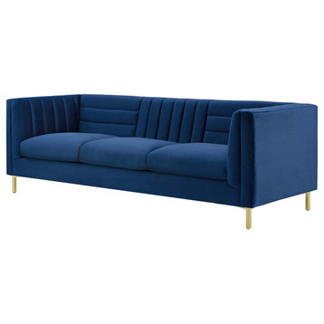 Channel Tufted Sofa, Velvet Couch, Navy Blue