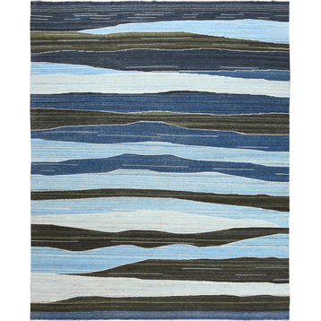 Hand Woven Brown And Blue Mountain Design Flat Weave Kilim Wool Rug 12'5"x15'0"
