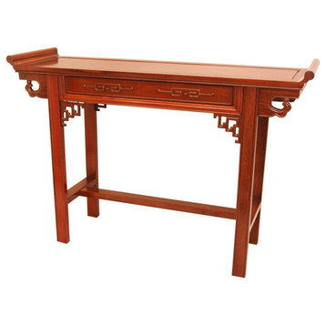 Unique Oriental Console Table, Carved Key Medallion Accents & Honey Color Finish
