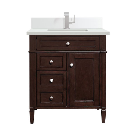 Brittany Single Vanity, Burnished Mahogany, 30", White Zeus, Single-Hole