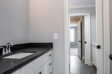 Mid-sized 3/4 vinyl floor and gray floor bathroom photo in Other with white cabinets, gray walls, an undermount sink, granite countertops and black countertops