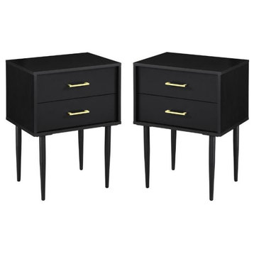 Home Square 2 Piece Modern Wood Side Table Set with Gold Metal Handle in Black