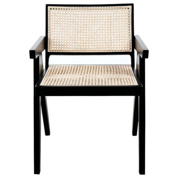 First of a Kind Rattan Cane Dining Chair Wooden Frame Accent, Black