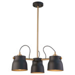 Artcraft - Euro Industrial Chandelier  in Matte Black and Harvest Brass - The Euro Industrial collection features matte black metal shades complimented with harvest brass nobs  hardware and rods. The interior of the metal shades is plated in a reflective brass. Wire comes out of socket for an industrial look. (Other chandelier sizes and wall sconce available). 3 lite chandelier shown.&nbsp