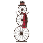 Glitzhome,LLC - 33.98" Metal Bike Wheel Snowman With Plaid Scarf Porch Decor - This Metal Bicycle Wheel Snowman porch sign wears a red scarf. The snowman is made up of three bike wheels and metal base. It's a creative and eye-catchingchristmas decoration for your home.Display this decoration in indoor or outdoor locations.