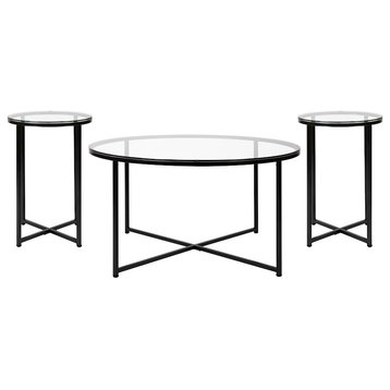 Flash Greenwich Coffee and End Table Set, Clear Glass Top/Matte Black Frame