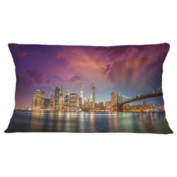 New York City Manhattan Skyline Red Cityscape Photo Throw Pillow, 12"x20"
