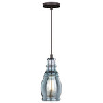 Vaxcel - Millie 5.25" Mini Pendant Oil Rubbed Bronze Smoke Blue - Industrial meets old world country charm, clearly exemplifies this collection called Mille. Beautiful smoke blue glass, adds a refreshing touch to the simple oil rubbed bronze finish. Offered in three shapes and styles, whether alone or with as a kit this mini pendant is sure to add character to your kitchen or entertaining spaces. Install this mini pendant individually or in a group; ideal for kitchens, dining areas, or bar areas. Combine that with a vintage Edison style filament bulb to complete the look.