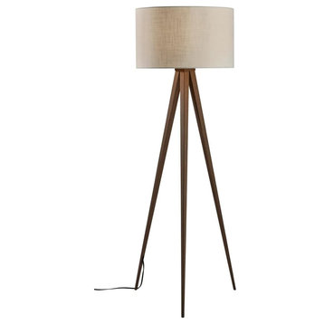 Rustic Floor Lamp, Tripod Wooden Legs With Off White Textured Drum Shade