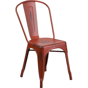Distressed Metal Indoor Stackable Chair, Red, 17.75"x20"x33.50"