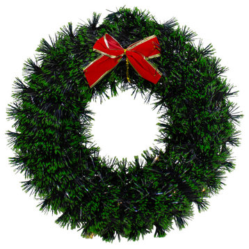 17" Pre-Lit Green Tinsel Christmas Wreath With a Bow, Clear LED Lights
