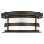 Generation Lighting - Wilburn 2-Light Outdoor Ceiling Light in Antique Bronze - With a nod to retro-industrial chic, the Wilburn outdoor fixtures wraps a white frosted glass shade in a fun metal cage to create a casual and easygoing look. Offered in Antique Bronze and Black finishes with Etched White glass, the assortment includes a one-light outdoor pendant, small medium, large, and extra-large one-light outdoor wall lanterns, a one-light out door post lantern and a one-light outdoor ceiling flush mount. Both incandescent lamping and ENERGY STAR-qualified LED lamping are available for most of the fixtures, and some can easily convert to LED by purchasing LED replacement lamps sold separately.  This light requires 2 , 40W Watt Bulbs (Not Included) UL Certified.