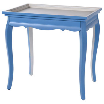 Classic End Table, Pine Wood Frame With Curved Legs & Tray Like Top, Blue/White