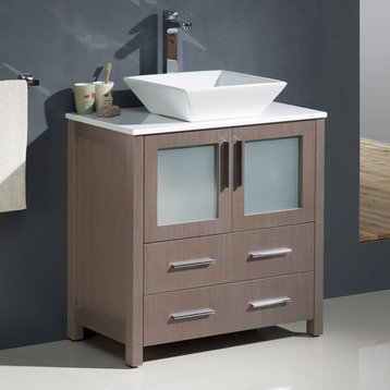 Torino 30" Bathroom Cabinet, Base: Gray Oak, With Top, Vessel Sink