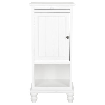 Contemporary Side Table, Turned Legs With Grooved Door & Pull Out Tray, White