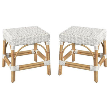 Home Square 18" Rattan Rectangular Dining Stool in White - Set of 2