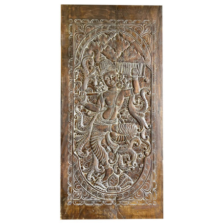 Consigned Vintage Carved Wooden Door Wall Art Panel Krishna BarnDoor 84x41
