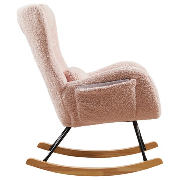 Gewnee Cashmere Upholstered Rocking Chair with High Backrest, Pink