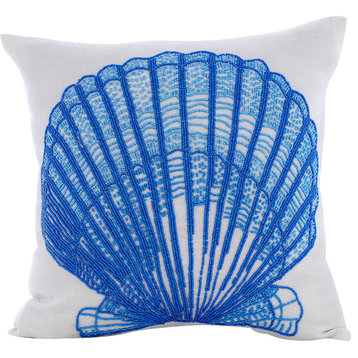 Blue Beach Pillow Covers Cotton 20"x20" Indian Pillow Covers, Shell, Oyster Bay