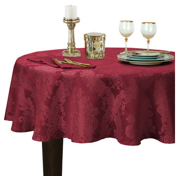 Barcelona Damask Solid Fabric Tablecloth, Burgundy, 90" Round