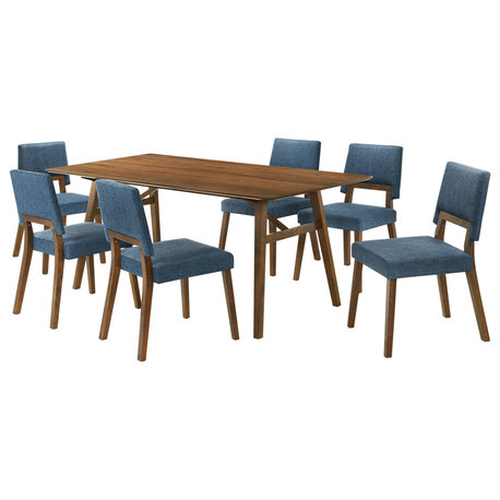 Channell 5-Piece Walnut Wood Dining Table Set With Blue Fabric, Blue, 7 Piece