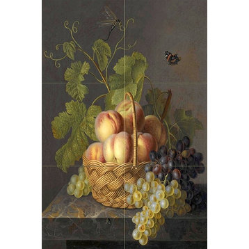 Tile Mural Peaches Grapes in Wicker Basket Kitchen Backsplash, 6" Marble