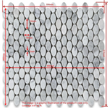 Oval Mosaic Tile Carrara White Venato Marble Ellipse Shape Polished, 1 sheet