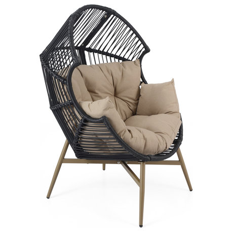 GDF Studio Outdoor Wicker Egg Chair With Cushions, Black/Khaki