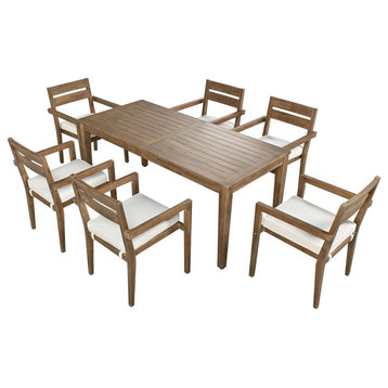 7 Pcs Patio Dining Table, Acacia Frame, Large Table & Padded Chairs, Burly Wood