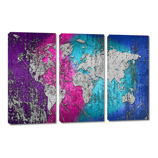 Abstract Wave Silver World Map, 3 Panel Split Canvas Print, Triptych ...