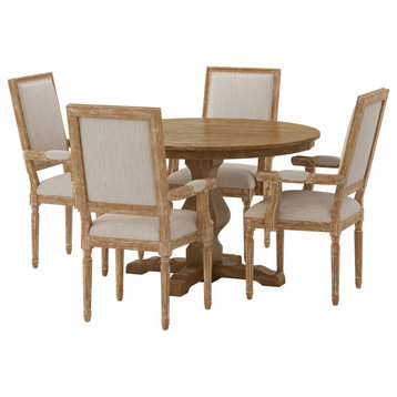 Joretta French Country Fabric Upholstered Wood 5-Piece Circular Dining Set, Natural/Beige