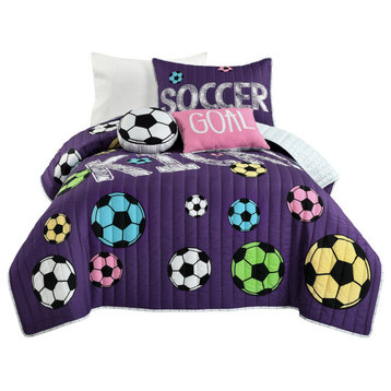 Girls Soccer Kick Quilt Set, Purple, Twin, 4 Piece