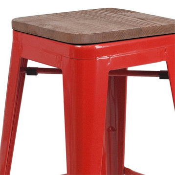Flash Furniture 30" Backless Metal Bar Stool in Red and Wood Grain
