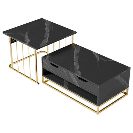 Modern Wood Nesting Coffee Table Set of 2 with Drawers & Shelves Storage, Black