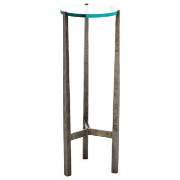 Minimalist Industrial Tripod Pedestal, 23" Round Glass Open Stand Mini
