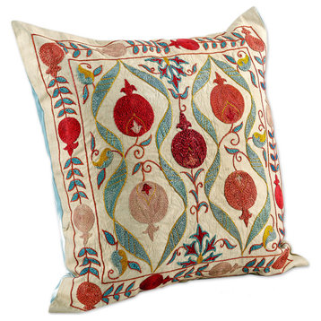 Novica Handmade Pomegranate Fortunes Hand Embroidered Silk Cushion Cover