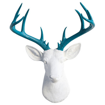 Faux Deer Head Wall Mount 14 Point Stag Head Antlers, White and Teal